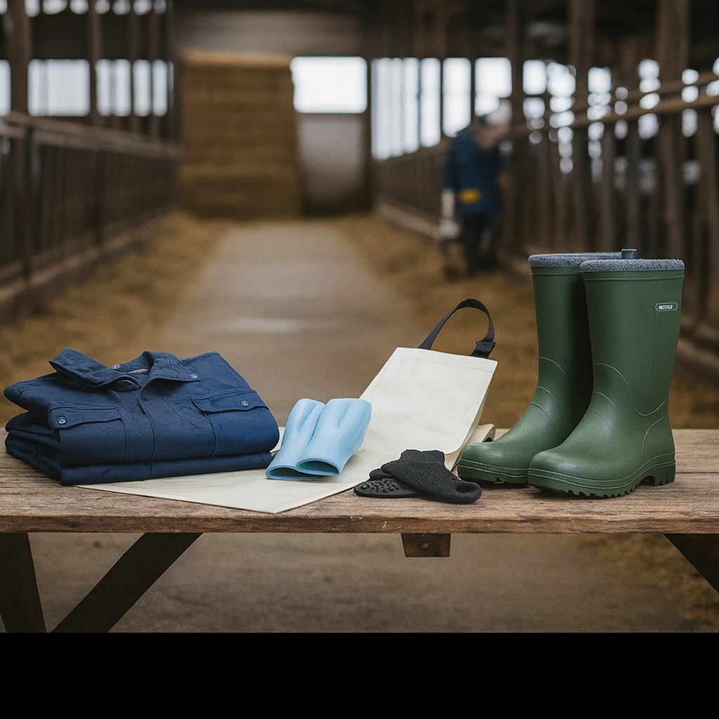 mygesp stivali e  indumenti pioggia uragan tex ripiegati su una tavola di legno all'interno di una stalla 