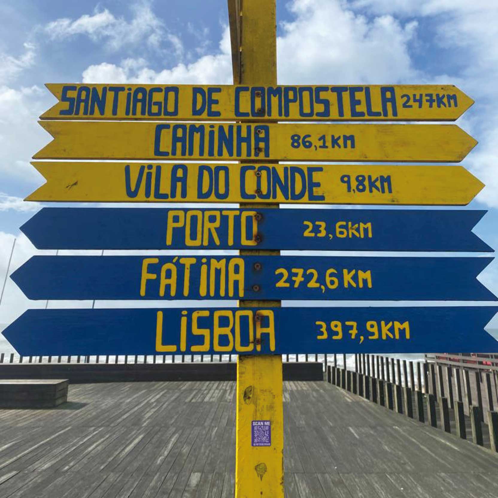 cartello  indicativo con distanze per raggiungere santiago di compostela